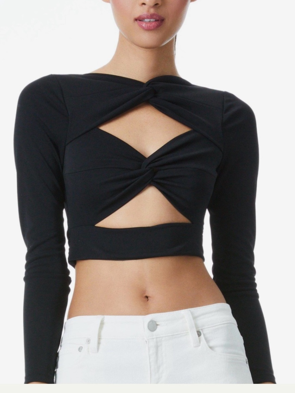 Alice and Olivia Amelie Black Twist-Front Long-Sleeve Crop Top Medium